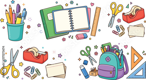 Back to School Stationery and Education Supplies Vector Element Set with Backpack Notebooks Pencil Organizer Scissors Tape and Ruler for Student Graphic Designs