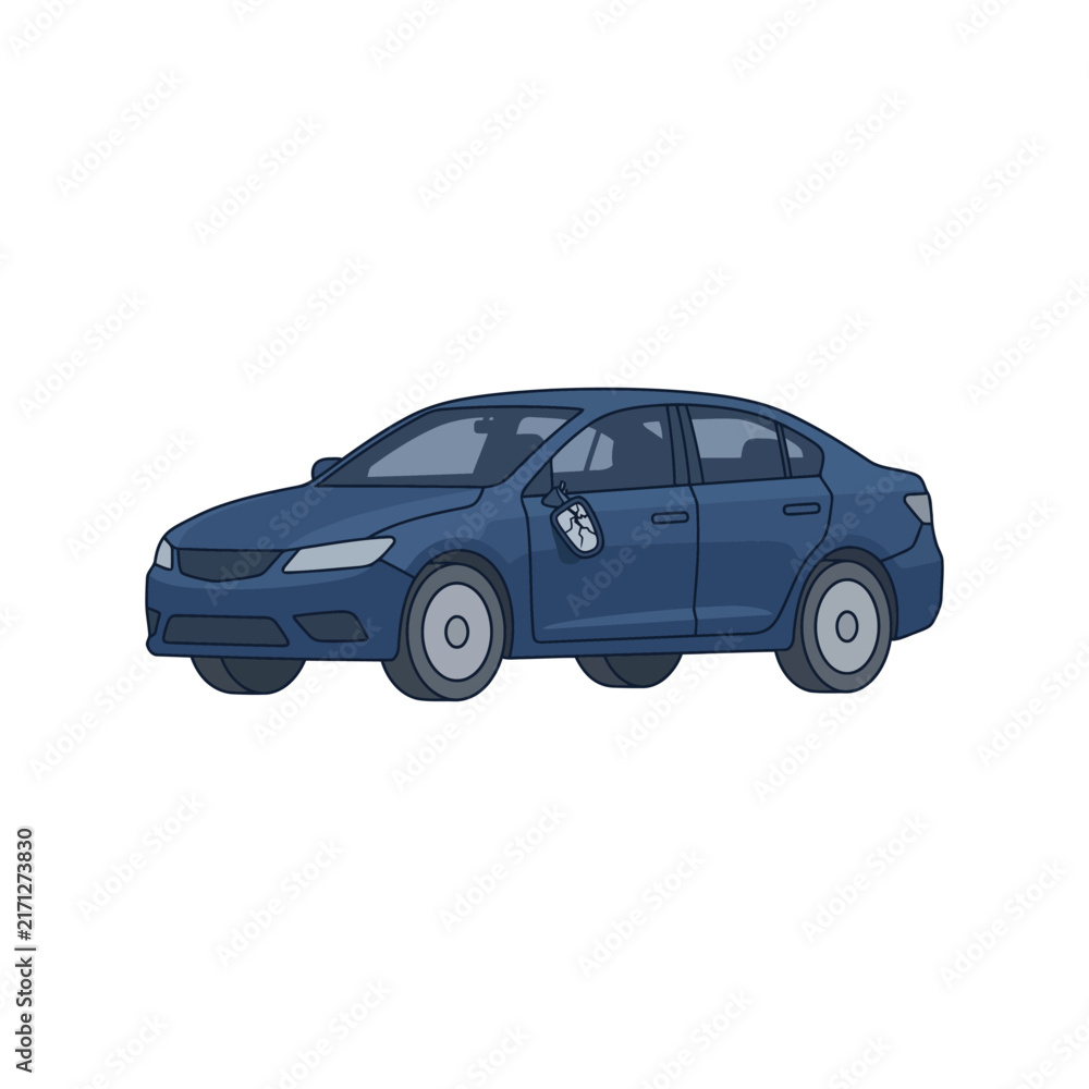 Naklejka premium Blue sedan car with a broken side mirror isolated on a white background