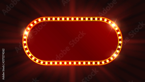 Retro Marquee Light Sign Frame with Glowing Bulbs, Red Vintage Theater Banner with Empty Copy Space and Illuminated Border Background