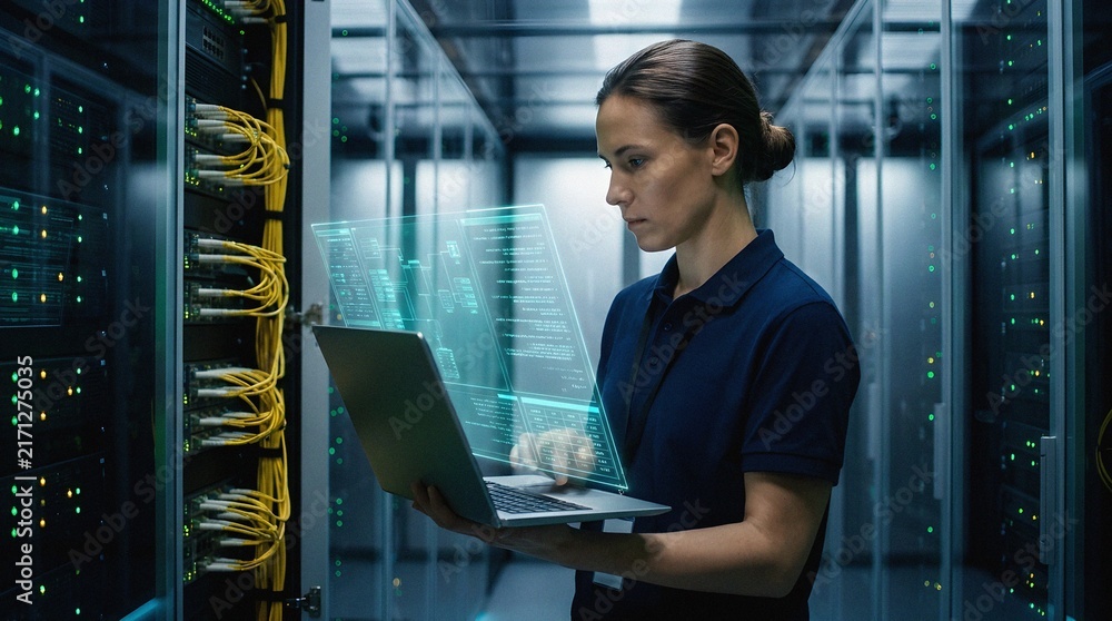 Fototapeta premium IT specialist analyzing data on a futuristic laptop in a server room.