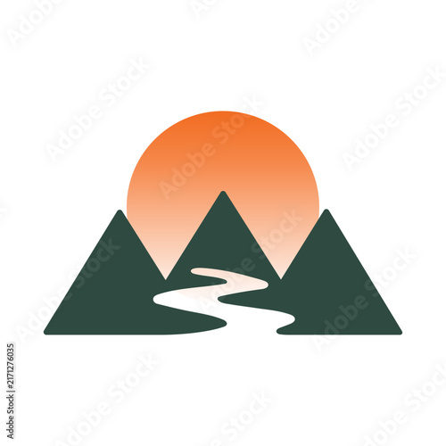 Minimalist vector logo design featuring mountains and a winding river under a bright orange sunset sun