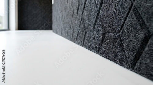 Modern interior design featuring grey 3D acoustic wall panels with a textured geometric pattern and a smooth white floor