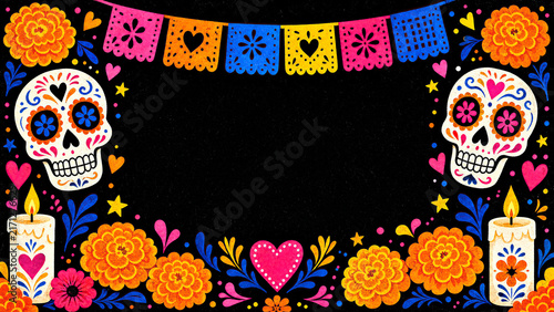 Colorful Day of the Dead Folk Art Frame with Sugar Skulls, Marigolds, Candles and Papel Picado