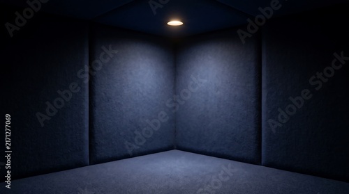 Empty architectural corner with dark blue textured acoustic walls and spotlight overhead