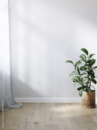 Minimalist interior composition with curtain flower and empty wall background, 3d render