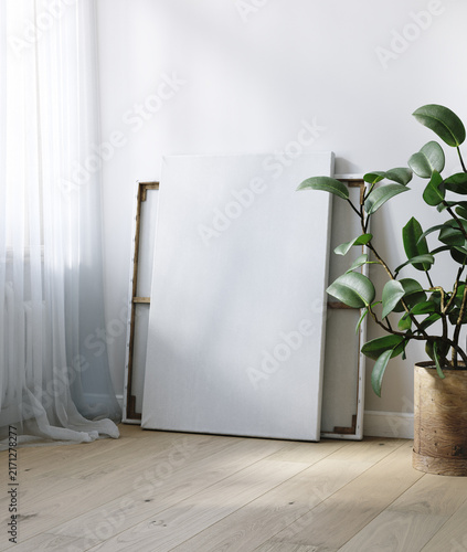 Canvas mockup in modern living room interior, 3d render