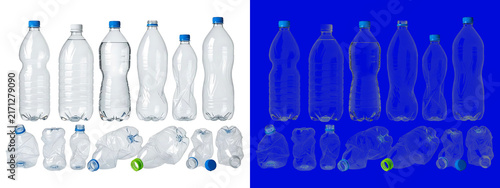 A collection of various clear plastic water bottles, some full and some crushed, on a white background, and a blue, background for editing isolated on a transparent background
