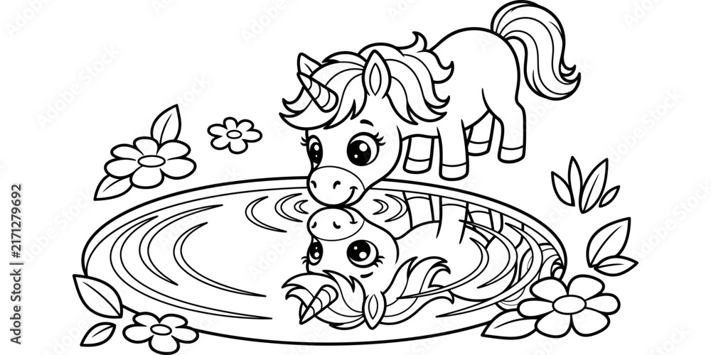 Fototapeta premium Cute little unicorn looking at its reflection in a magical pond for a fun kids coloring page activity