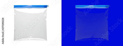 A square plastic zipper storage bag with a blue seal, shown on a white background, and a blue, background, empty pouch, for small storage isolated on a transparent background