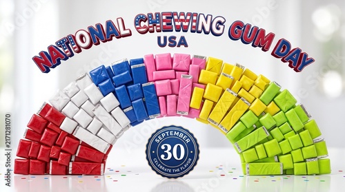 National Chewing Gum Day USA Celebration, September 30, Rainbow Arch Made of Red, White, and Blue Gum Blocks, Colorful Confectionery Arrangement, Sweet Candy Treat Concept