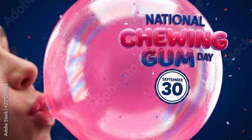 National Chewing Gum Day September 30, Girl Blowing Pink Bubble, Candy Cavity Concept, Juicy Pink Confectionery Foam, Happy Celebration Promo