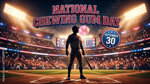 National Chewing Gum Day, baseball player holding bat in stadium, September 30 sign, crowd cheering under lights, sports marketing banner, chewing gum promotion concept