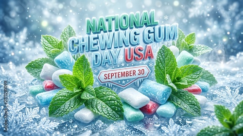 National Chewing Gum Day USA, September 30. Icy mint leaves and colorful chewing gum pieces on a frosty blue background. Fresh breath, cool flavor, winter dessert concept.