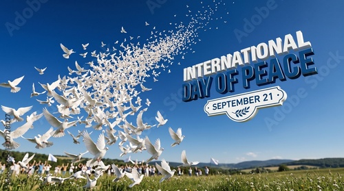 International Day of Peace Concept, White Doves Flying in Formation Against Blue Sky, Freedom Background