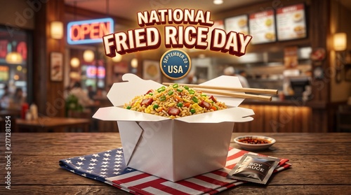 National Fried Rice Day Concept, Delicious Asian Takeout Meal in White Box, United States Celebration Mood, Warm Restaurant Background, Chopsticks and Condiments on Wooden Table