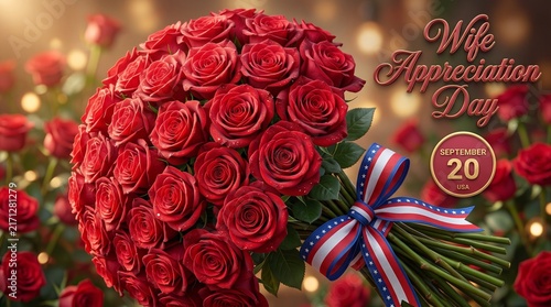 Wife Appreciation Day September 20 greeting card background with large red rose bouquet and patriotic ribbon design