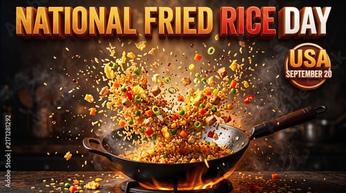 National Fried Rice Day banner, wok cooking with fire, September 29 USA holiday concept, spicy meal closeup, food photography with text space