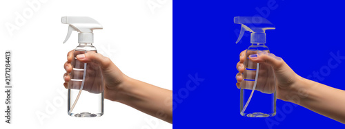 Human hand holding a clear plastic spray bottle filled with liquid, isolated on a white background, for cleaning and, hygiene product concepts isolated on a transparent background