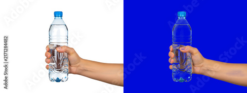 Human hand holding a clear plastic water bottle with a blue cap, isolated on a white background, for healthy lifestyle, and hydration concepts isolated on a transparent background