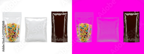 Six transparent snack pouches containing colorful cereal loops, isolated on white and bright pink backgrounds, food packaging display isolated on a transparent background
