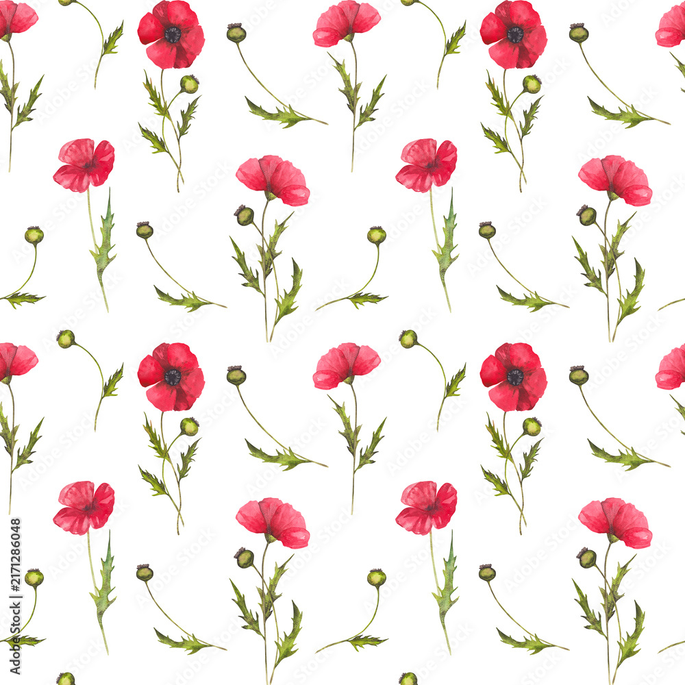 Obraz premium Seamless watercolor pattern with red poppy flowers, green leaves and seed pods, delicate botanical repeat design for textiles, wrapping paper, stationery and surface decoration.