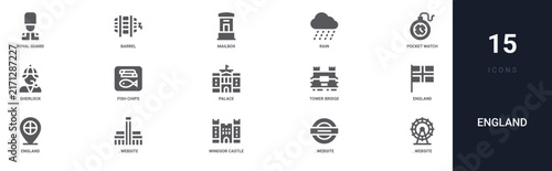 Set of 15 solid England icons for dashboards, app screens and website sections. Filled glyph collection including barrel, rain, sherlock, palace and Tower bridge.