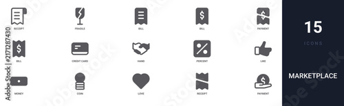 Set of 15 solid Marketplace icons for dashboards, app screens and website sections. Filled glyph collection including fragile, bill, bill, hand and percent.
