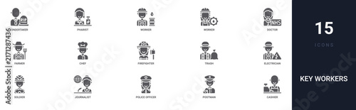 Set of 15 solid Key Workers icons for dashboards, app screens and website sections. Filled glyph collection including Pharist, worker, farmer, firefighter and trash collector.