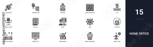 Set of 15 solid Home Office icons for dashboards, app screens and website sections. Filled glyph collection including contractor, work schedule, office chair, video conference and time management.