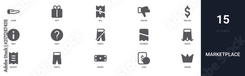 Set of 15 solid Marketplace icons for dashboards, app screens and website sections. Filled glyph collection including gift, dislike, info, pants and payment.