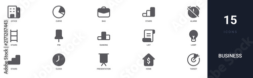 Set of 15 solid Business icons for dashboards, app screens and website sections. Filled glyph collection including curve, stairs, stairs, ranking and list.