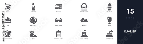 Set of 15 solid Summer icons for dashboards, app screens and website sections. Filled glyph collection including. for website design and mobile, app development, print. from summer collection