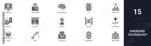 Set of 15 solid Emerging Technology icons for dashboards, app screens and website sections. Filled glyph collection including hine learning, g. g for website design and mobile, app development,