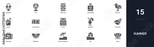 Set of 15 solid Summer icons for dashboards, app screens and website sections. Filled glyph collection including fan, sunscreen, beach, tshirt and summer.