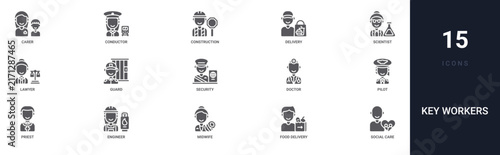 Set of 15 solid Key Workers icons for dashboards, app screens and website sections. Filled glyph collection including conductor, delivery courier, lawyer, security personnel and doctor.