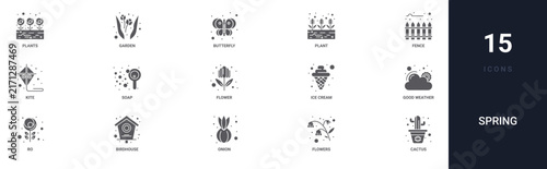 Set of 15 solid Spring icons for dashboards, app screens and website sections. Filled glyph collection including garden, plant, kite, flower and ice cream.