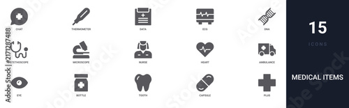 Set of 15 solid Medical Items icons for dashboards, app screens and website sections. Filled glyph collection including thermometer, ecg, stethoscope, nurse and heart.