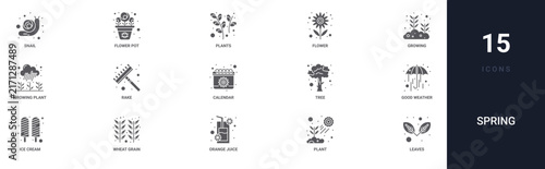 Set of 15 solid Spring icons for dashboards, app screens and website sections. Filled glyph collection including flower pot, flower, growing plant, calendar and tree.