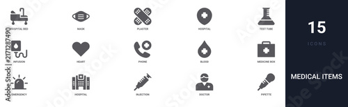 Set of 15 solid Medical Items icons for dashboards, app screens and website sections. Filled glyph collection including mask, hospital, infusion, phone and blood.