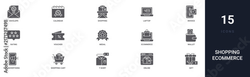 Set of 15 solid Shopping Ecommerce icons for dashboards, app screens and website sections. Filled glyph collection including calendar, laptop, rating, medal and ecommerce.