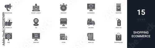 Set of 15 solid Shopping Ecommerce icons for dashboards, app screens and website sections. Filled glyph collection including rocket launch, ecommerce, thumbs up, ecommerce and delivery.