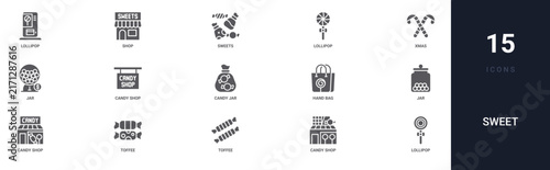 Set of 15 solid Sweet icons for dashboards, app screens and website sections. Filled glyph collection including shop, lollipop, jar, candy jar and hand bag.