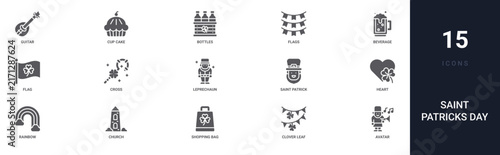 Set of 15 solid Saint Patricks Day icons for dashboards, app screens and website sections. Filled glyph collection including cup cake, flags, flag, leprechaun and Saint Patrick.