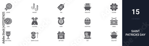 Set of 15 solid Saint Patricks Day icons for dashboards, app screens and website sections. Filled glyph collection including rocket, gold pot, coin, harp and shopping basket.
