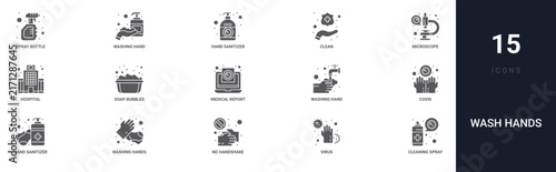 Set of 15 solid Wash Hands icons for dashboards, app screens and website sections. Filled glyph collection including washing hand, clean, hospital, medical report and washing hand.