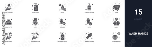 Set of 15 solid Wash Hands icons for dashboards, app screens and website sections. Filled glyph collection including hand wash, hand sanitizer, tissue paper, cleaned and dirty.