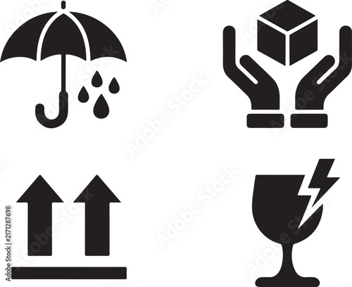 Four black icons of delivery, gift, lightning, and umbrella