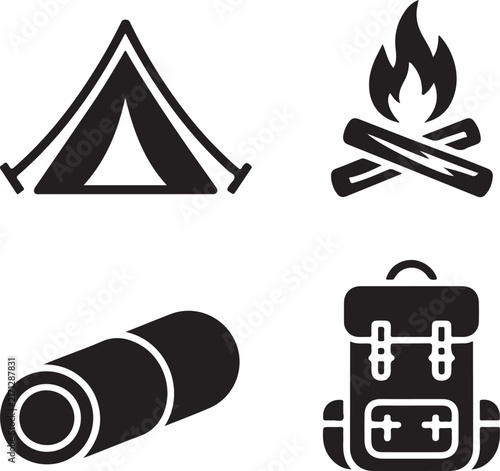 Camping essentials flat icons set