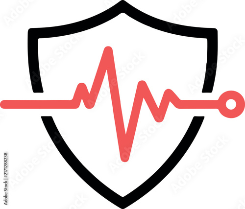a black outline of a protective shield with a red electrocardiogram  heartbeat line running horizontally across the middle