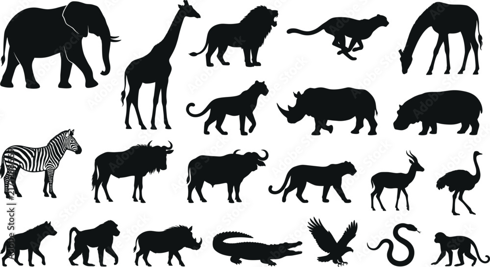 Fototapeta premium Wild Animals Silhouettes Collection with Lion, Tiger, Elephant, Giraffe, Deer, Bear, Horse, Dog and Cat Vector Illustrations for Wildlife and Nature Design